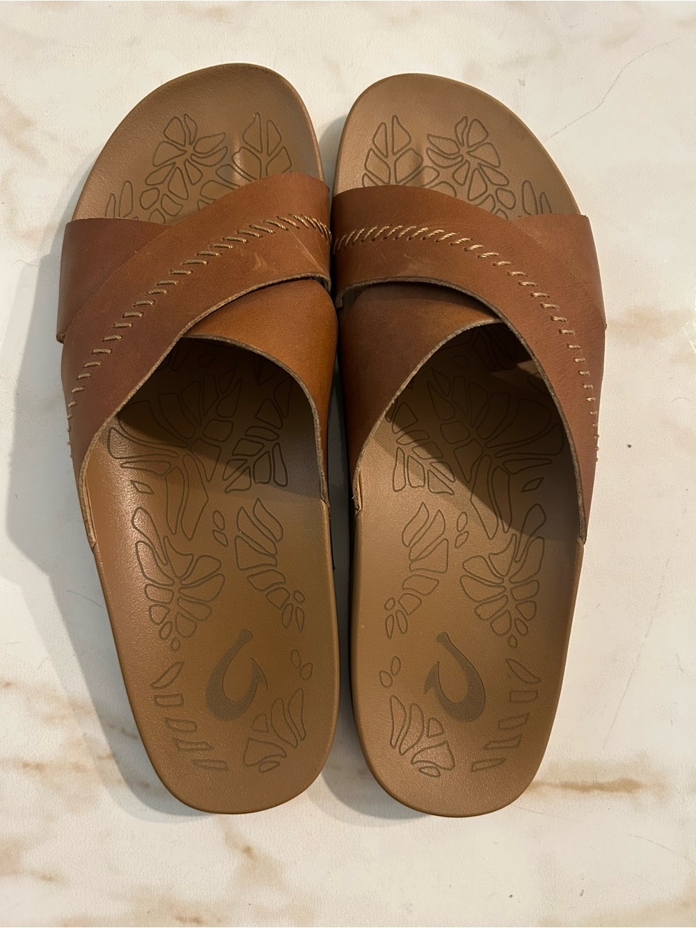 OluKai Women's Tan Cross-Strap Slide Sandals
